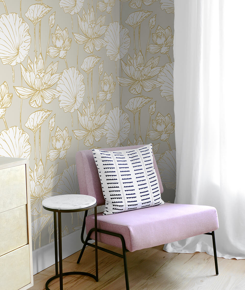 NextWall Lotus Floral Metallic Gold & Gray Wallpaper Sample NW33118