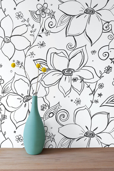 NextWall Linework Floral Black Wallpaper Sample NW34900