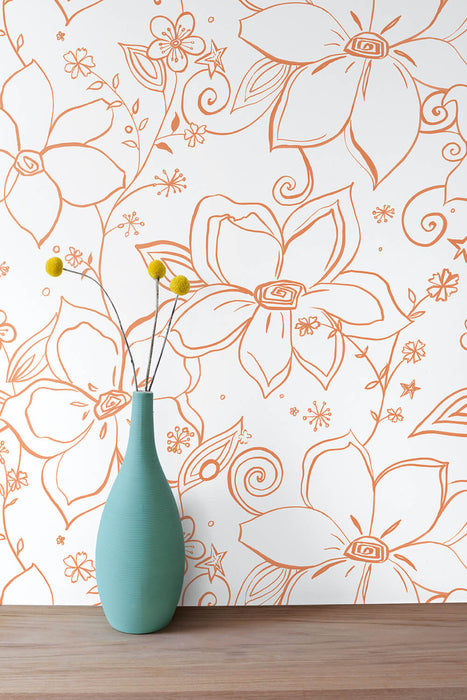 NextWall Linework Floral Orange Wallpaper Sample NW34905