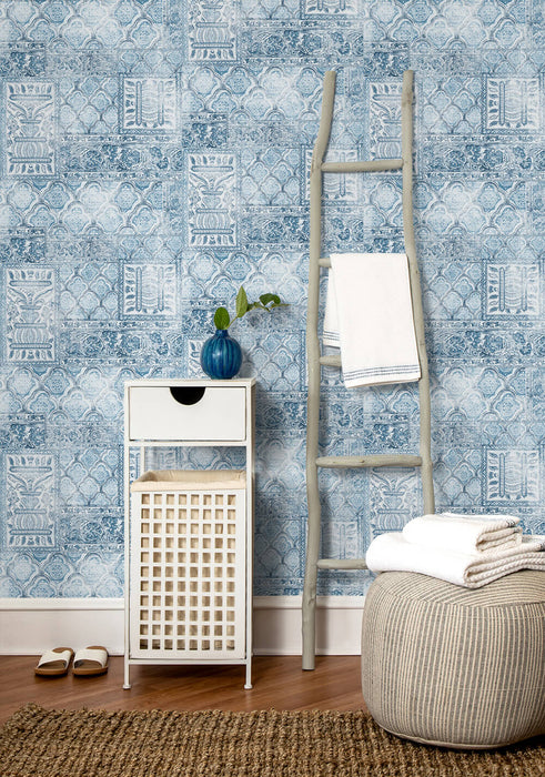 NextWall Patchwork Blue & Eggshell Wallpaper Sample NW35002