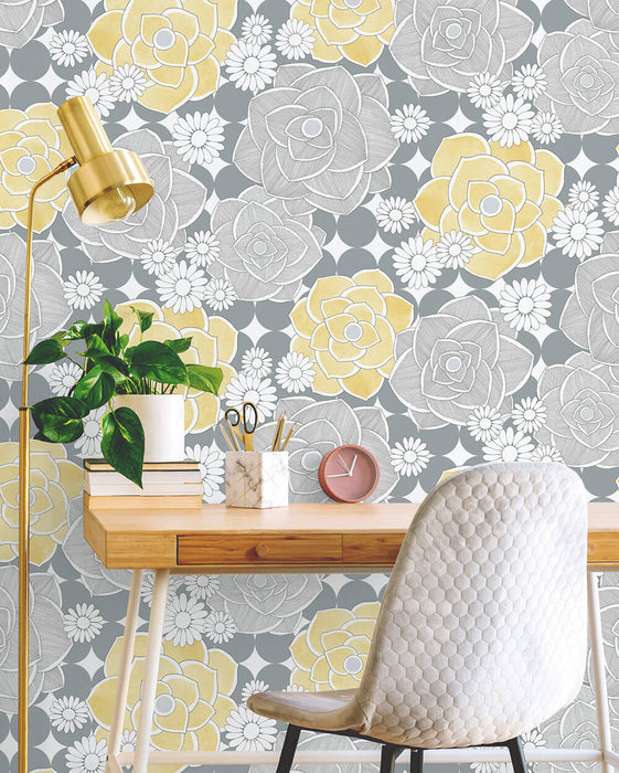 NextWall Retro Floral Yellow & Gray Wallpaper NW35203