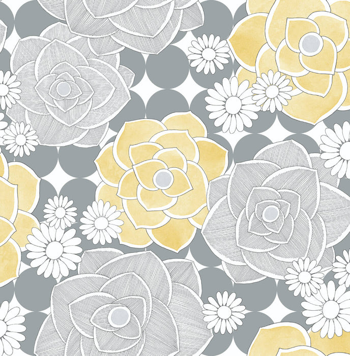 NextWall Retro Floral Yellow & Gray Wallpaper Sample NW35203