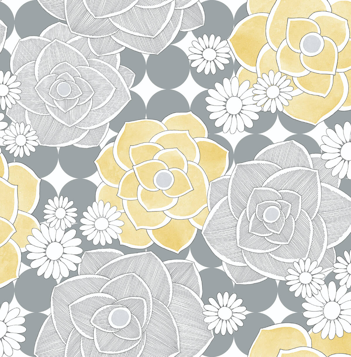 NextWall Retro Floral Yellow & Gray Wallpaper NW35203