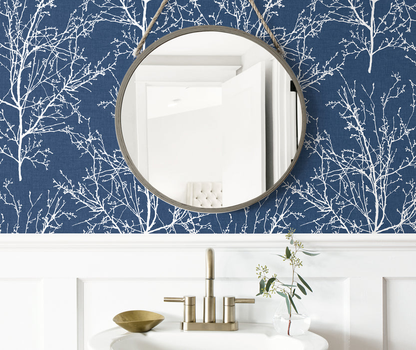 NextWall Tree Branches Coastal Blue Wallpaper Sample NW36102