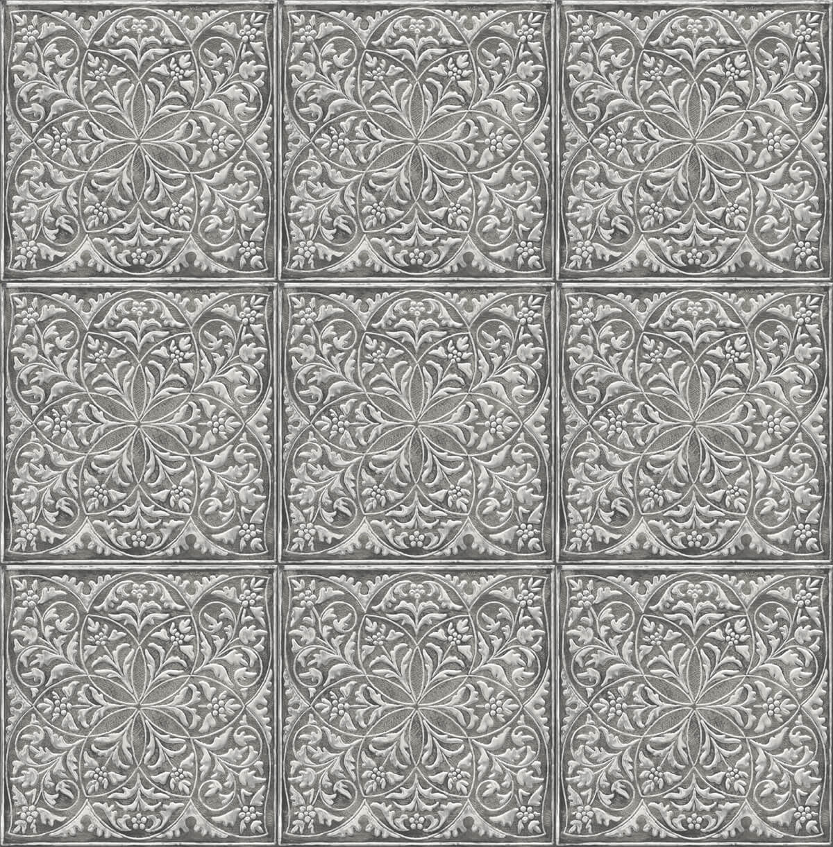 NextWall Faux Embossed Tile Metallic Silver & Charcoal Wallpaper NW36200