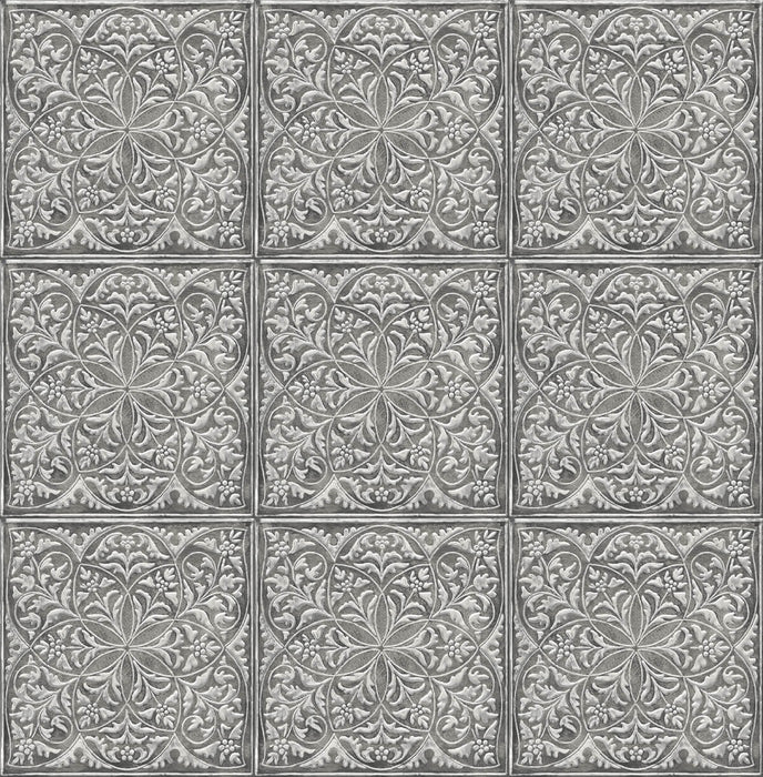 NextWall Faux Embossed Tile Metallic Silver & Charcoal Wallpaper NW36200