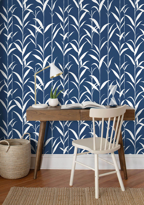 NextWall Bamboo Leaves Navy Blue Wallpaper Sample NW36402