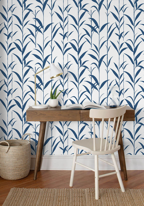 NextWall Bamboo Leaves Navy Blue & White Wallpaper Sample NW36412