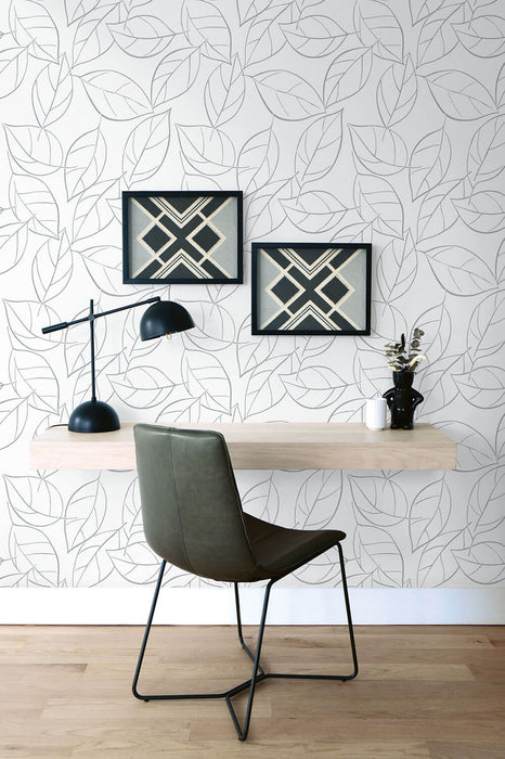 NextWall Tossed Leaves Daydream Gray Wallpaper Sample NW36508