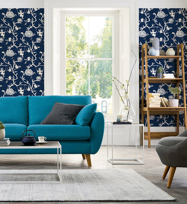 NextWall Chinoiserie Silhouette Navy Blue Wallpaper NW36602