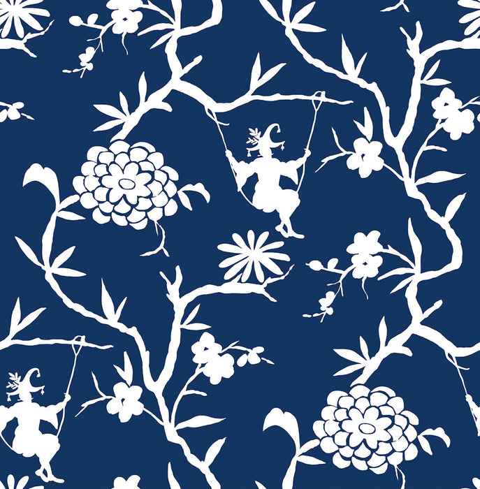 NextWall Chinoiserie Silhouette Navy Blue Wallpaper Sample NW36602