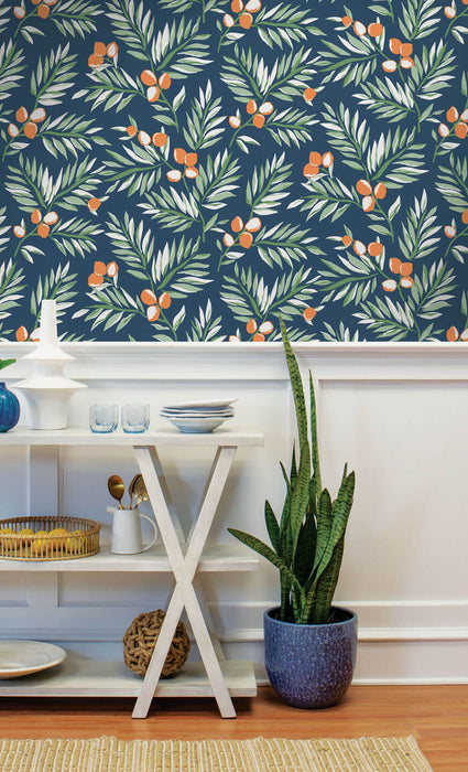 NextWall Citrus Branch Navy, Sage, & Orange Wallpaper Sample NW36702