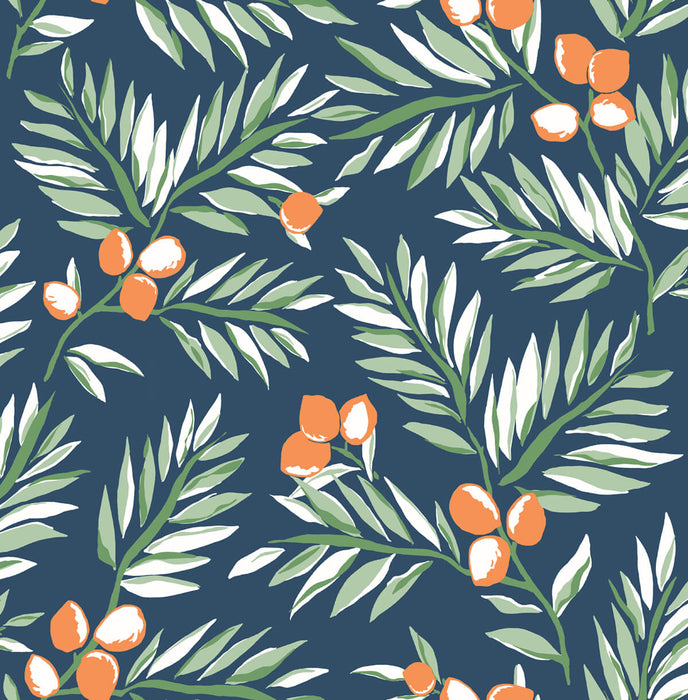 NextWall Citrus Branch Navy, Sage, & Orange Wallpaper Sample NW36702