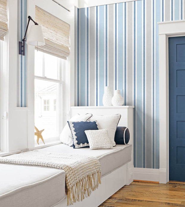 NextWall Linen Cut Stripe Bluebird & Carrara Wallpaper NW37002