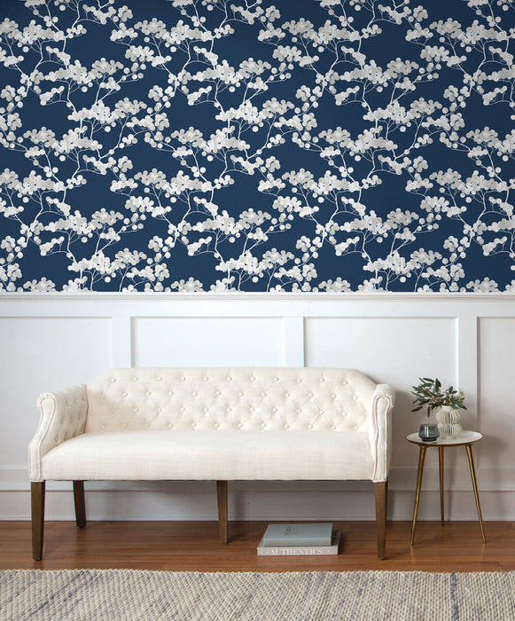 NextWall Cyprus Blossom Navy Blue & Gray Wallpaper Sample NW37202