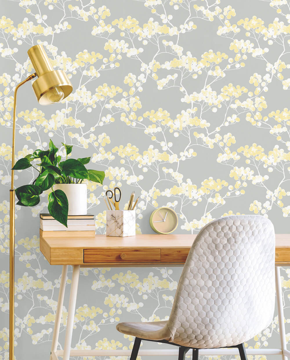 NextWall Cyprus Blossom Buttercup & Gray Wallpaper NW37203