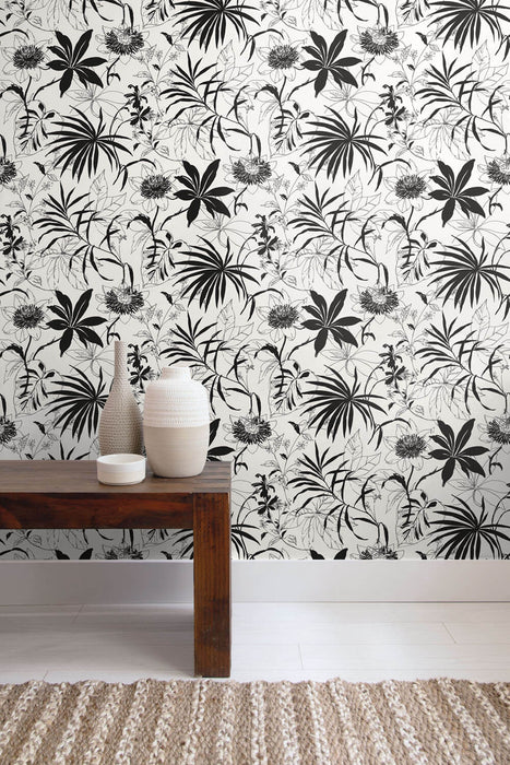 NextWall Tropical Garden Black & White Wallpaper Sample NW37300