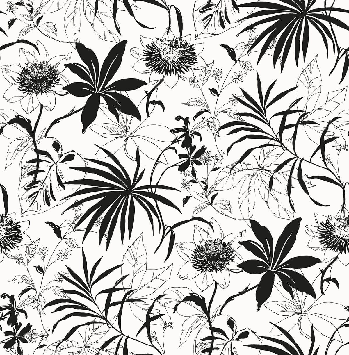 NextWall Tropical Garden Black & White Wallpaper NW37300