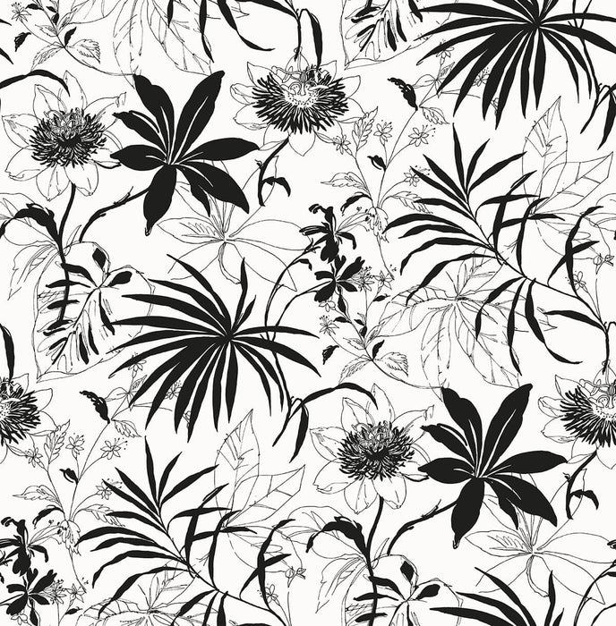 NextWall Tropical Garden Black & White Wallpaper Sample NW37300