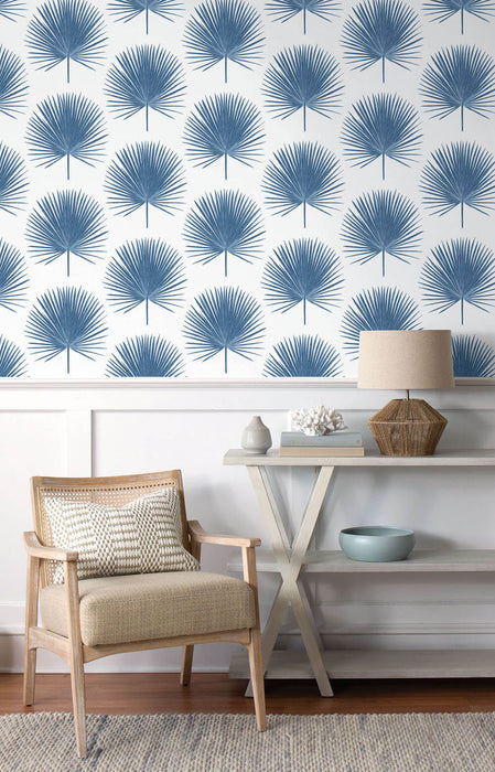 NextWall Palmetto Palm Coastal Blue Wallpaper Sample NW37502