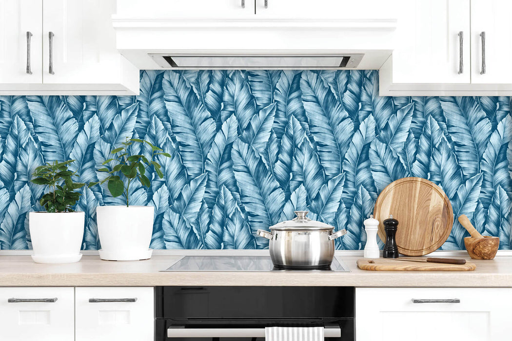 NextWall Baha Banana Leaves Regatta Blue Wallpaper Sample NW37902