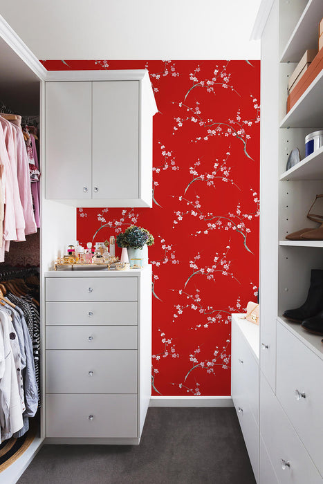 NextWall Cherry Blossom Floral Scarlet & Petal Pink Wallpaper Sample NW38301