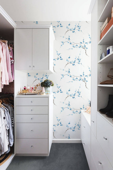 NextWall Cherry Blossom Floral Pacific Blue & White Wallpaper Sample NW38302