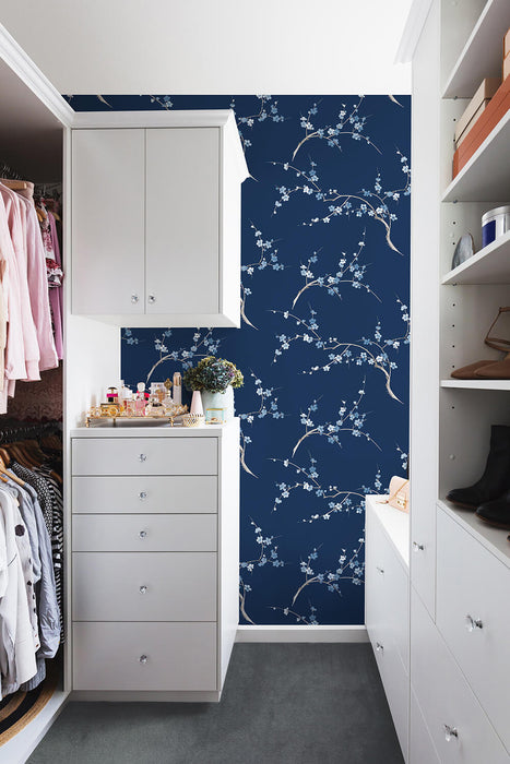 NextWall Cherry Blossom Floral Navy & Blue Jay Wallpaper Sample NW38312