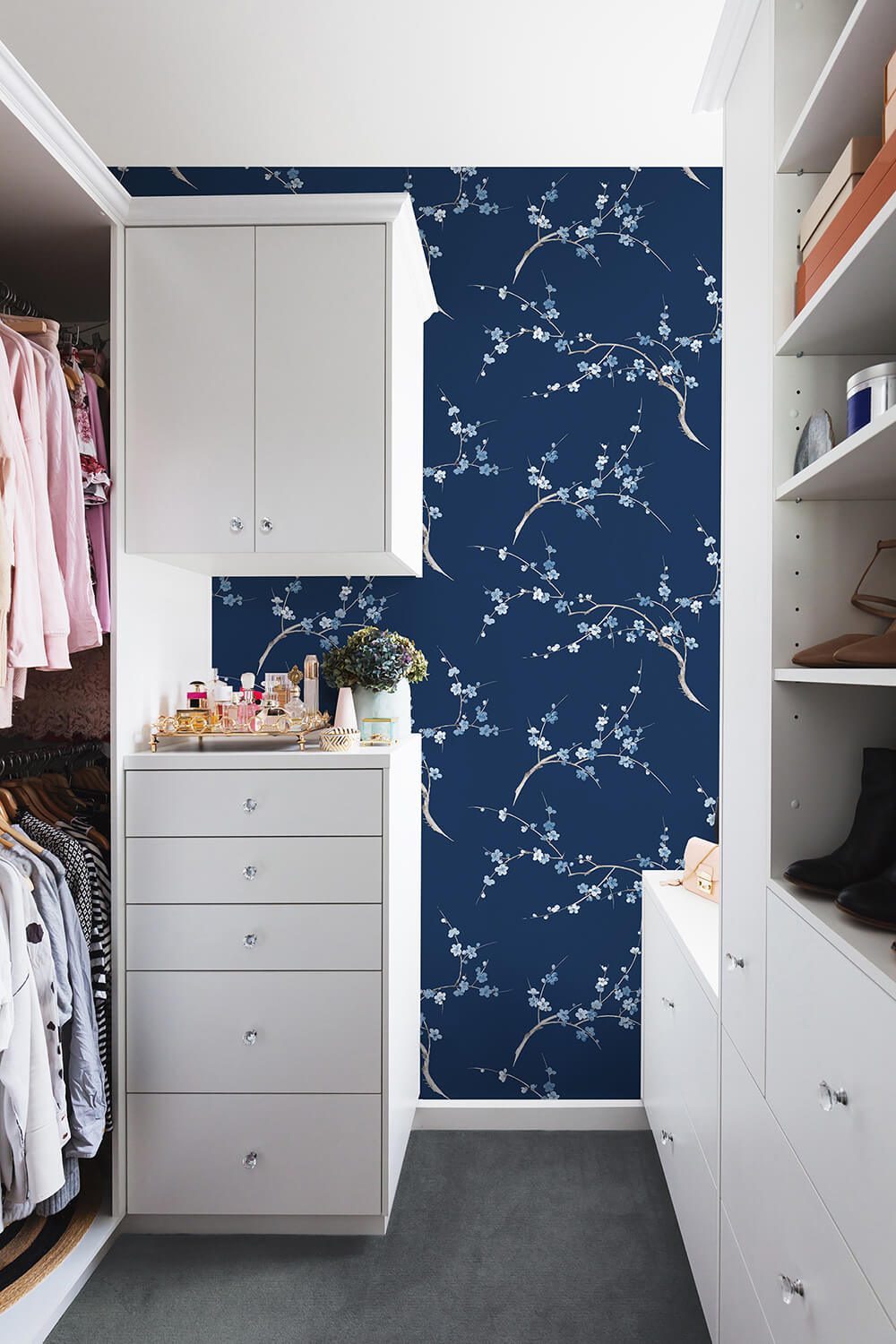 NextWall Cherry Blossom Floral Navy & Blue Jay Wallpaper NW38312