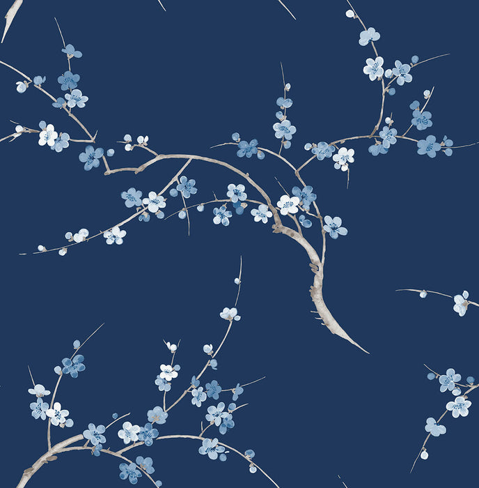 NextWall Cherry Blossom Floral Navy & Blue Jay Wallpaper Sample NW38312