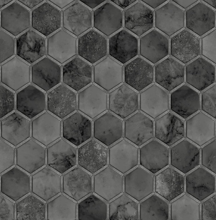 NextWall Inlay Hexagon Cosmic Black & Metallic Silver Wallpaper Sample NW38600