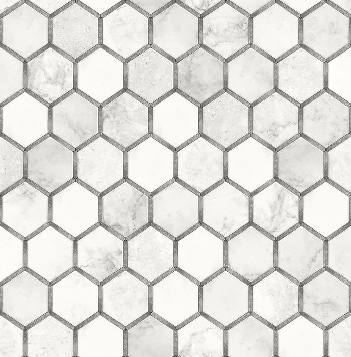 NextWall Inlay Hexagon Carrara & Metallic Silver Wallpaper Sample NW38615