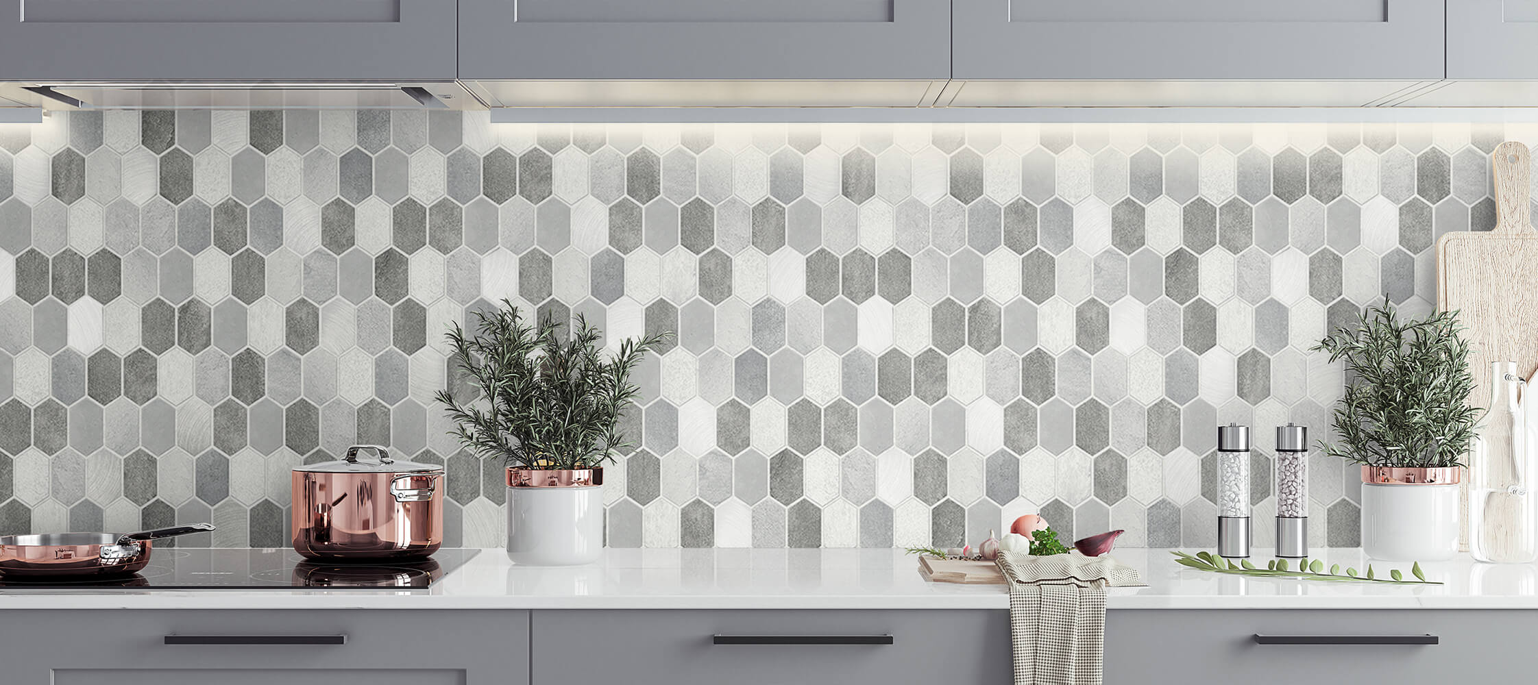 NextWall Brushed Hex Tile Icy Grey & Nickel Wallpaper NW38803