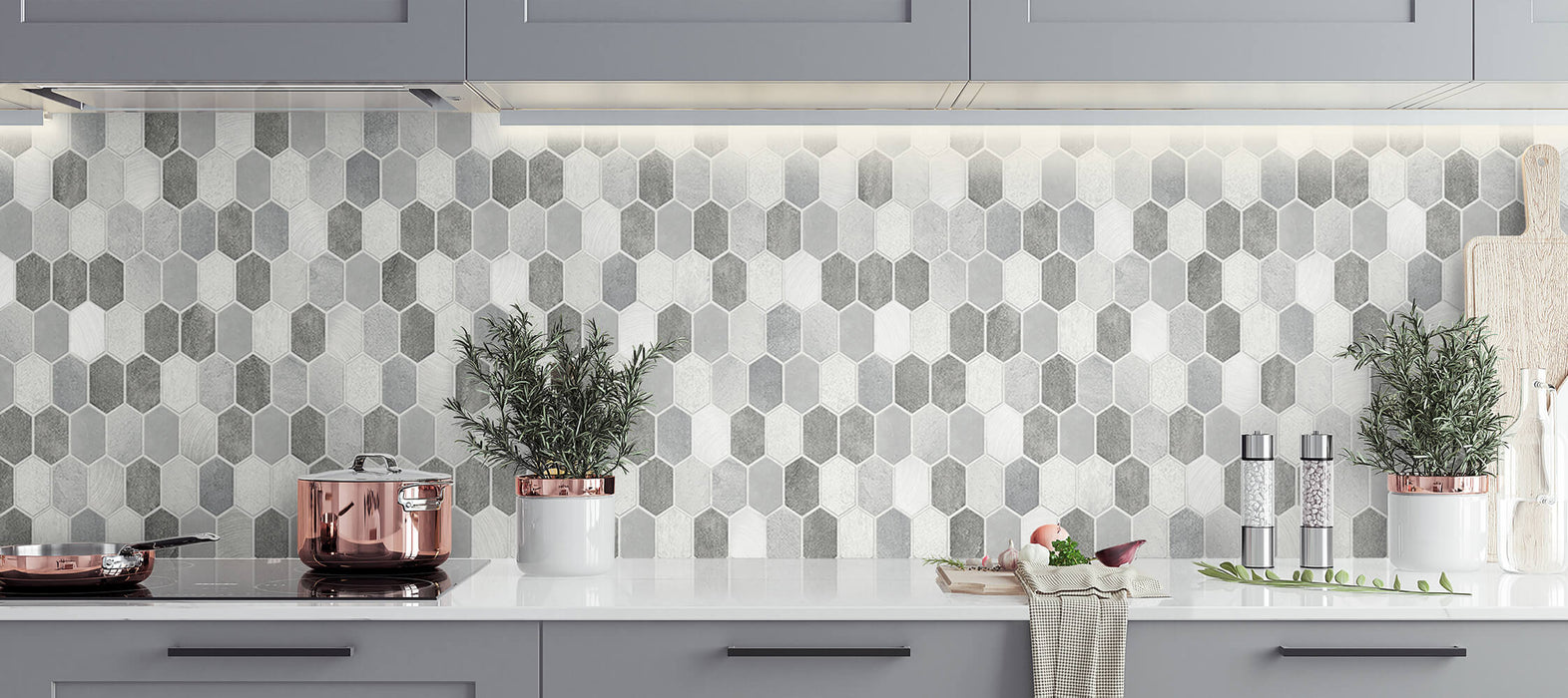 NextWall Brushed Hex Tile Icy Grey & Nickel Wallpaper NW38803