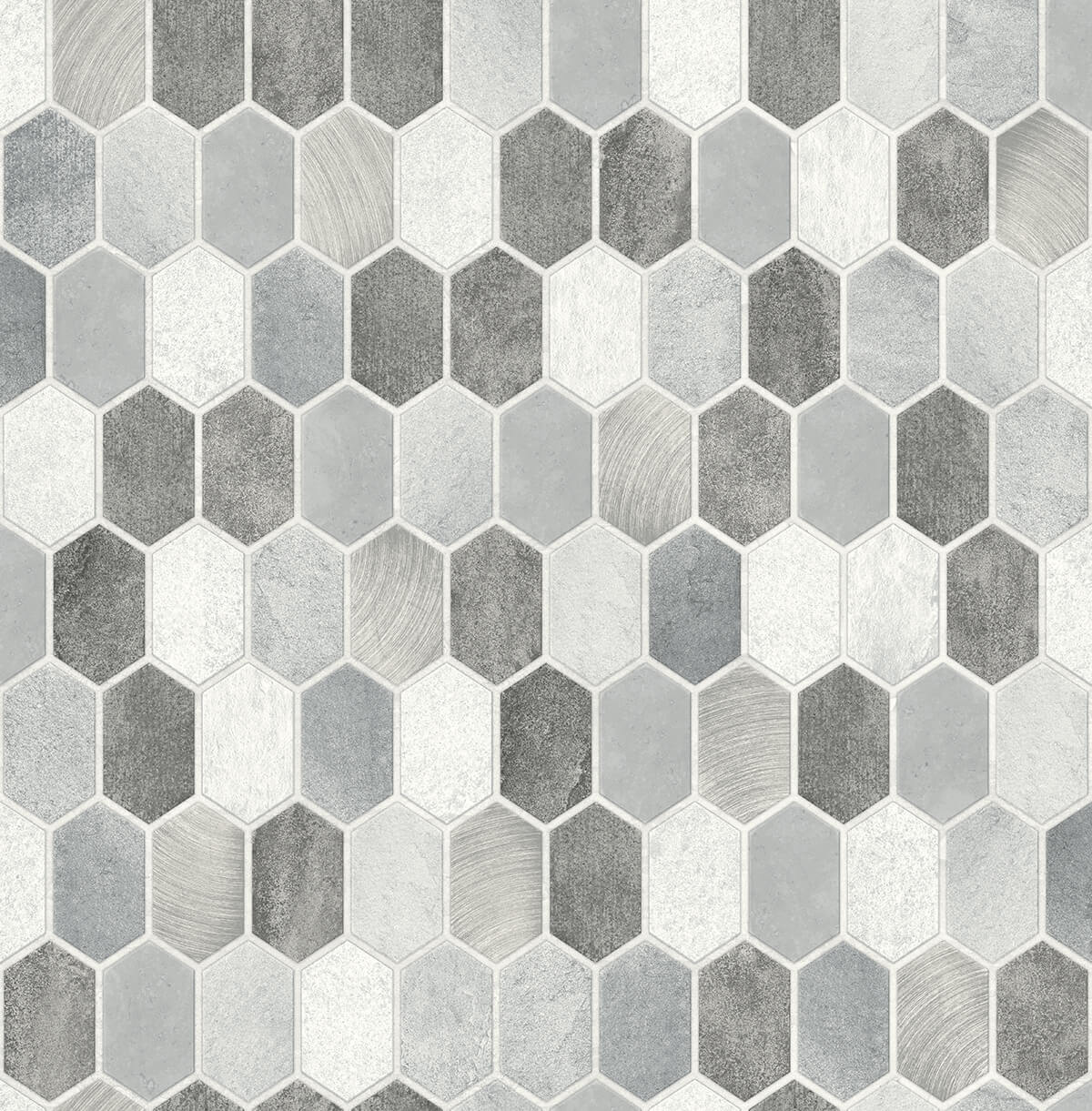 NextWall Brushed Hex Tile Icy Grey & Nickel Wallpaper NW38803