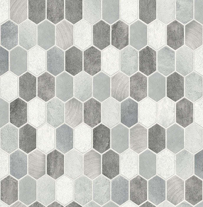 NextWall Brushed Hex Tile Icy Grey & Nickel Wallpaper Sample NW38803