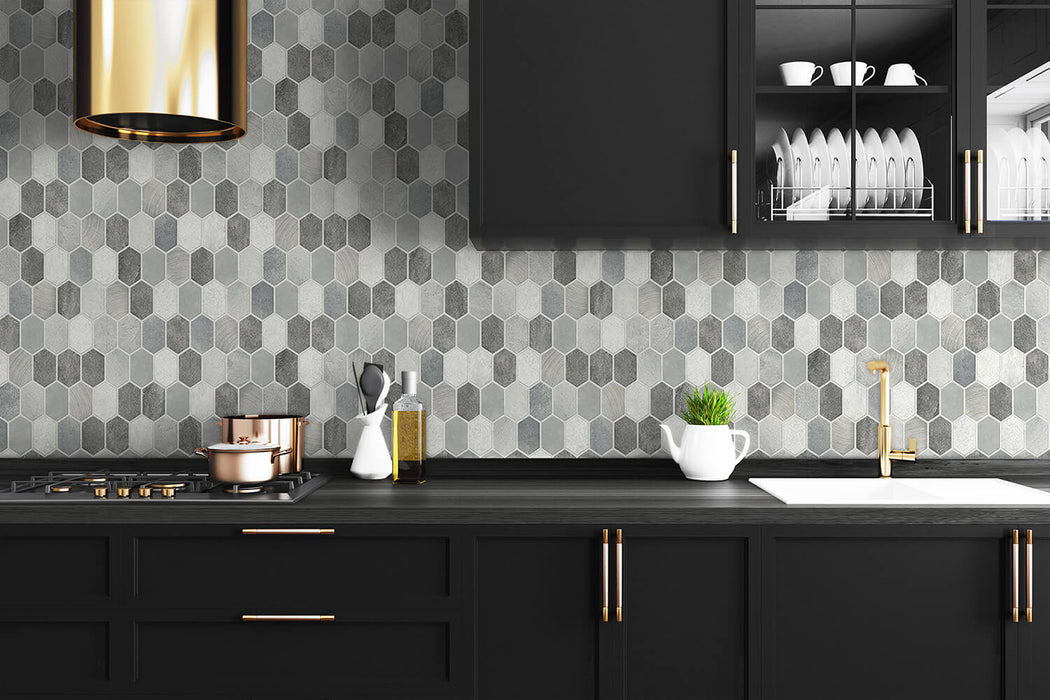 NextWall Brushed Hex Tile Pavestone & Chrome Wallpaper NW38805