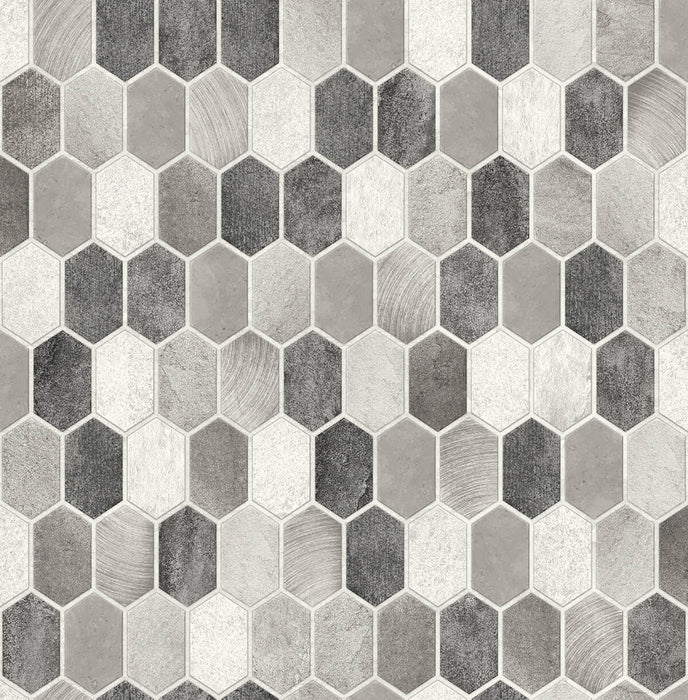 NextWall Brushed Hex Tile Pavestone & Chrome Wallpaper NW38805