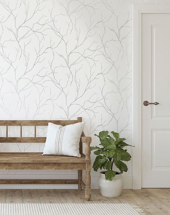 NextWall Delicate Branches Metallic Silver Wallpaper Sample NW39008