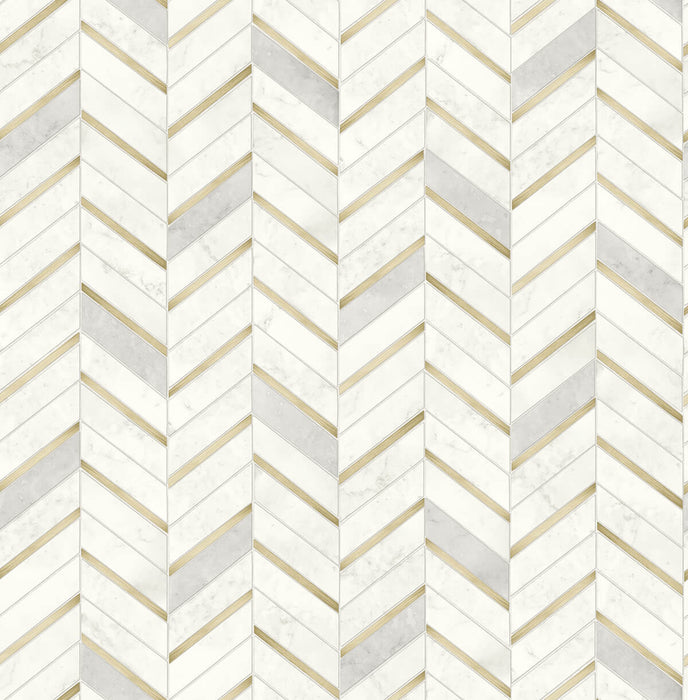 NextWall Chevron Marble Tile Metallic Gold & Pearl Gray Wallpaper NW39205