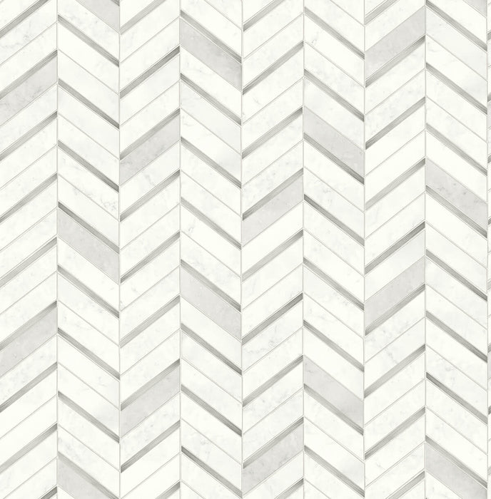 NextWall Chevron Marble Tile Metallic Silver & Pearl Gray Wallpaper NW39208