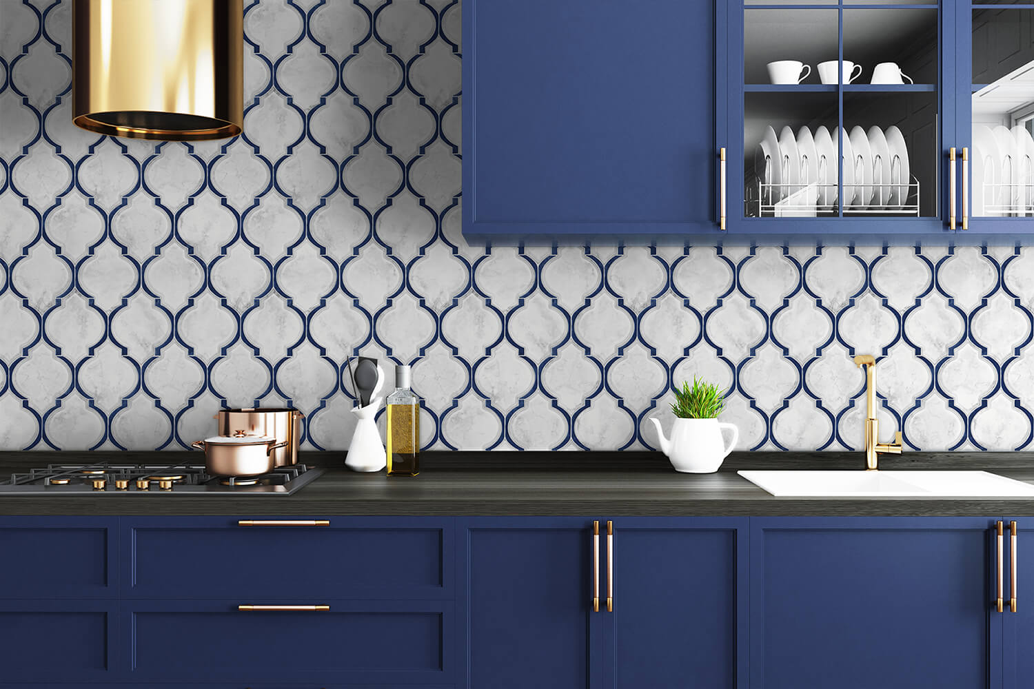 NextWall Marbled Ogee Royal Blue & Carrara Wallpaper NW39302