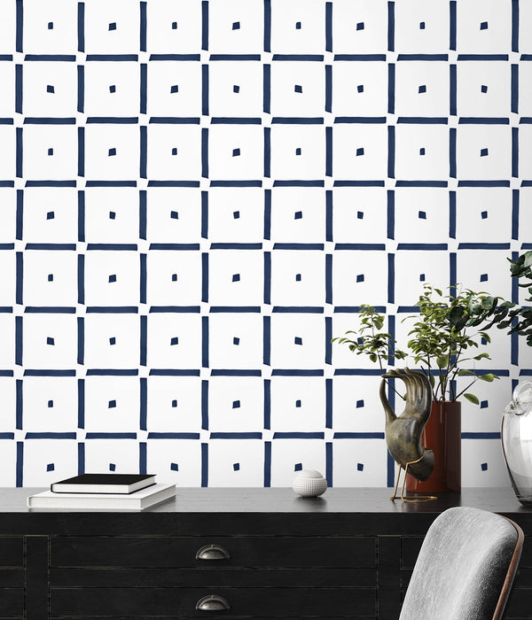 NextWall Check And Spot Navy Blue Wallpaper Sample NW39602