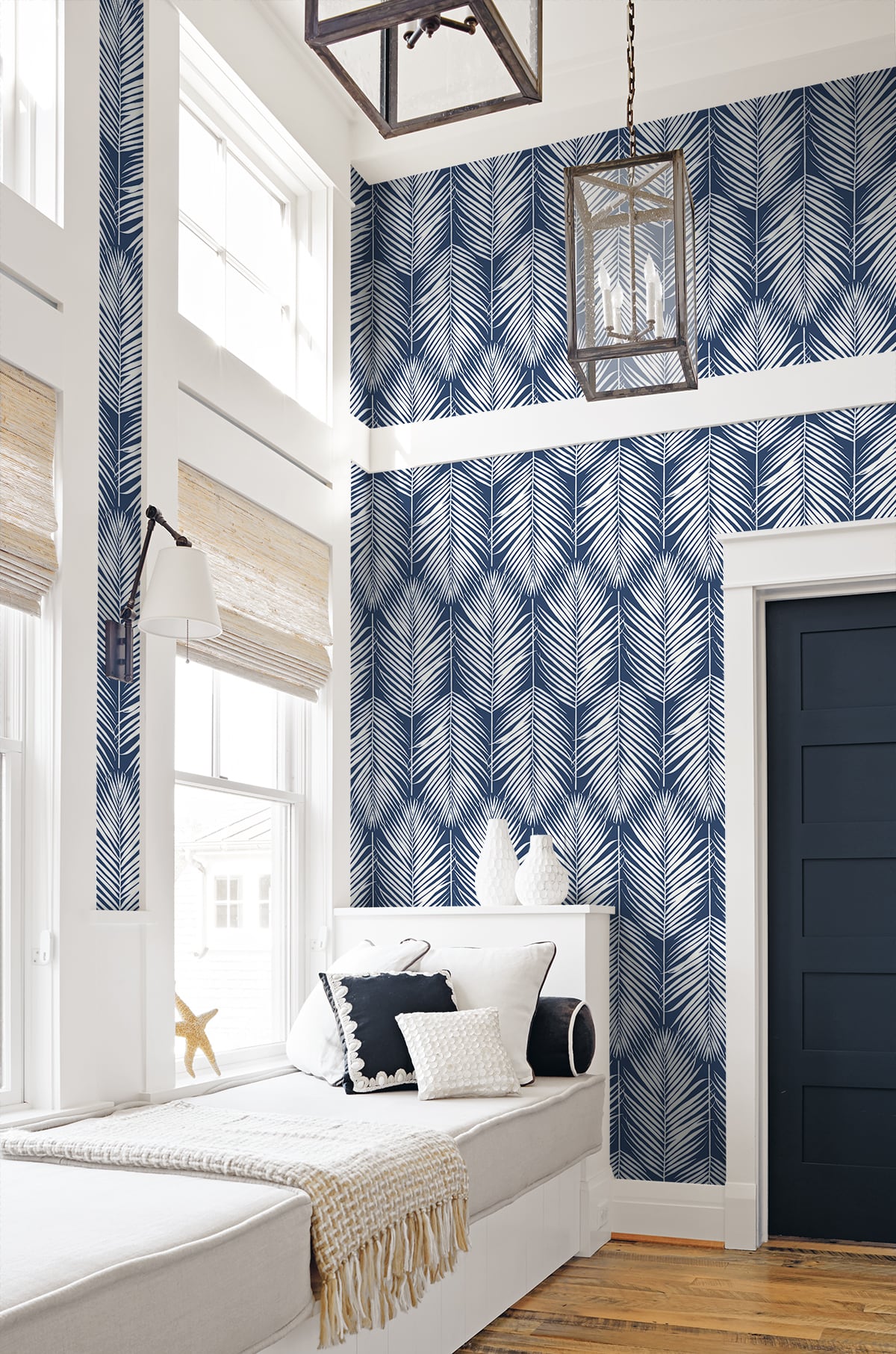 NextWall Palm Silhouette Coastal Blue Wallpaper NW39802