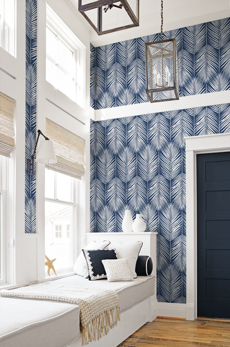 NextWall Palm Silhouette Coastal Blue Wallpaper Sample NW39802