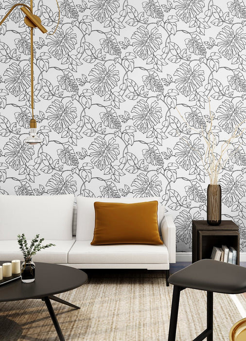 NextWall Tropical Linework Black & White Wallpaper Sample NW40508