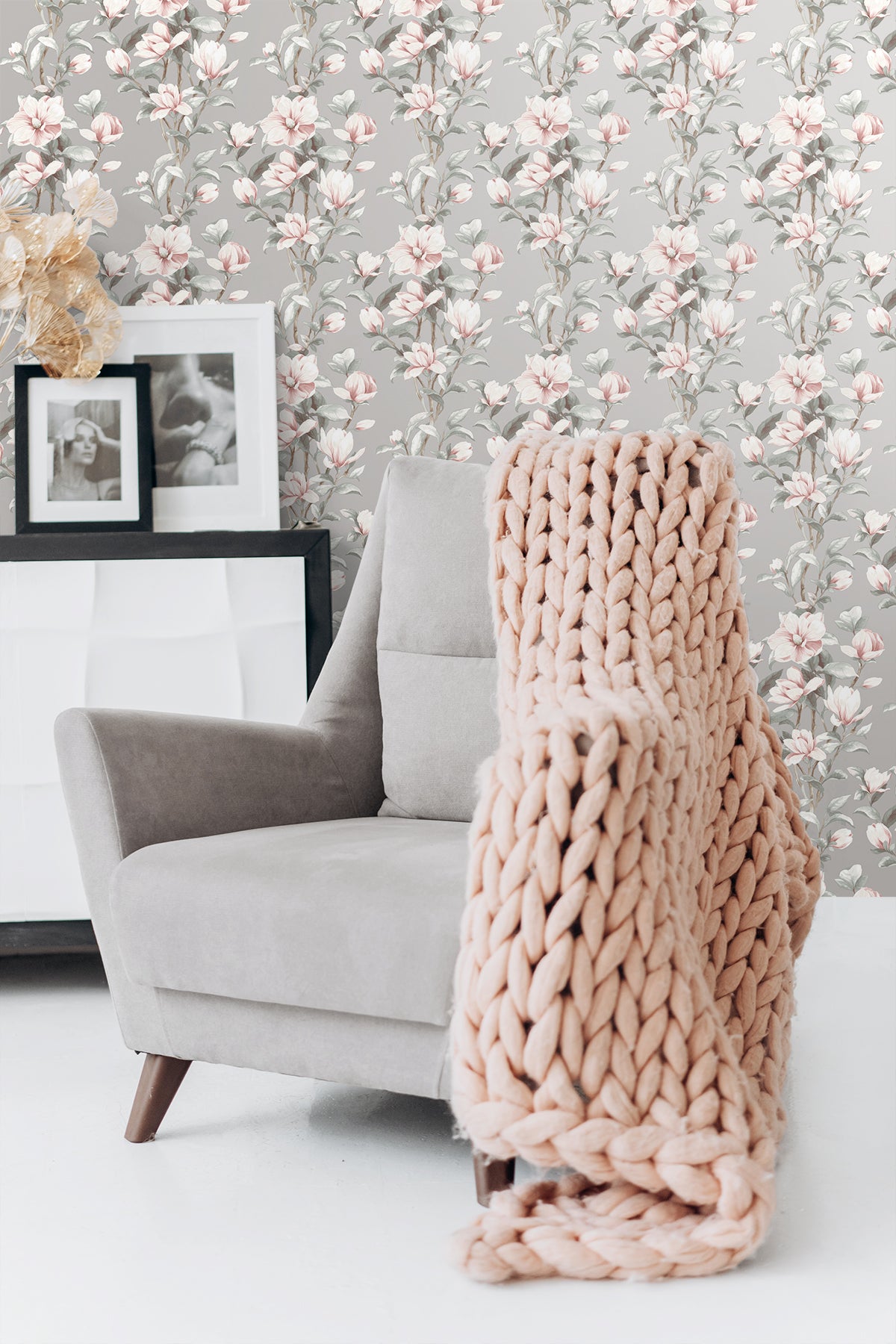 NextWall Magnolia Trail Metallic Silver & Petal Pink Wallpaper NW41401