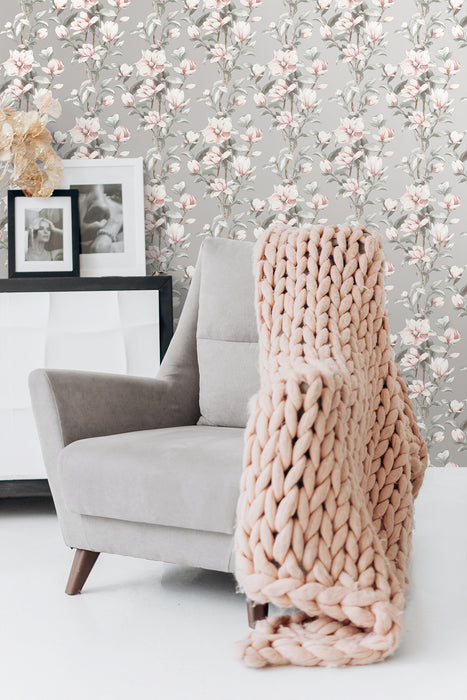 NextWall Magnolia Trail Metallic Silver & Petal Pink Wallpaper Sample NW41401