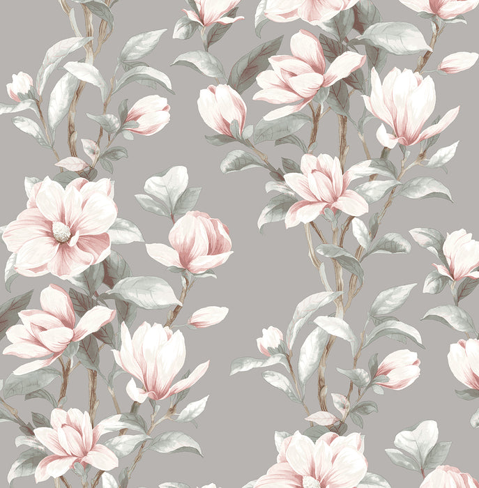 NextWall Magnolia Trail Metallic Silver & Petal Pink Wallpaper Sample NW41401