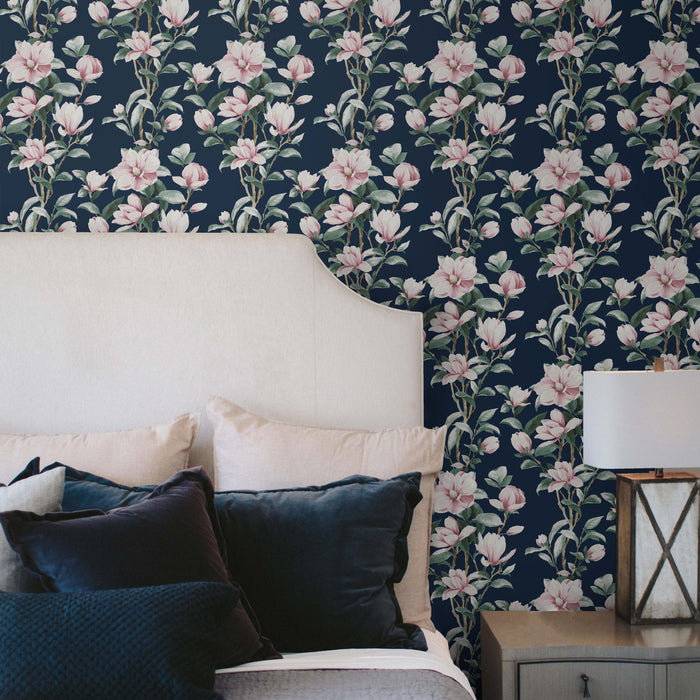 NextWall Magnolia Trail Navy & Blush Wallpaper Sample NW41402